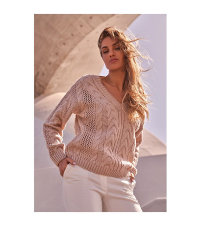 M510 Ażurowy sweter z dekoltem w serek - pudrowy