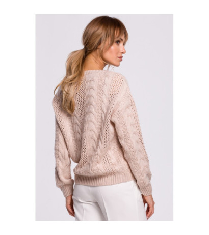 M510 Ażurowy sweter z dekoltem w serek - pudrowy