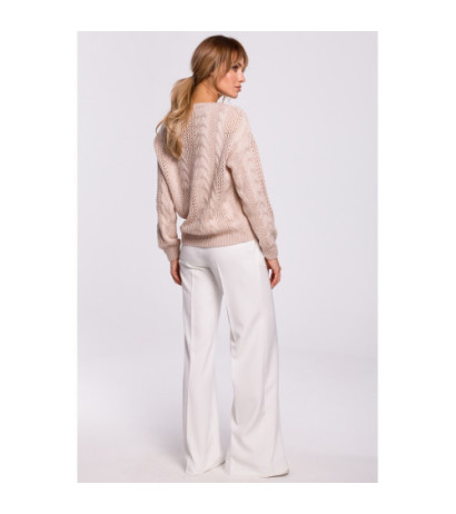 M510 Ażurowy sweter z dekoltem w serek - pudrowy