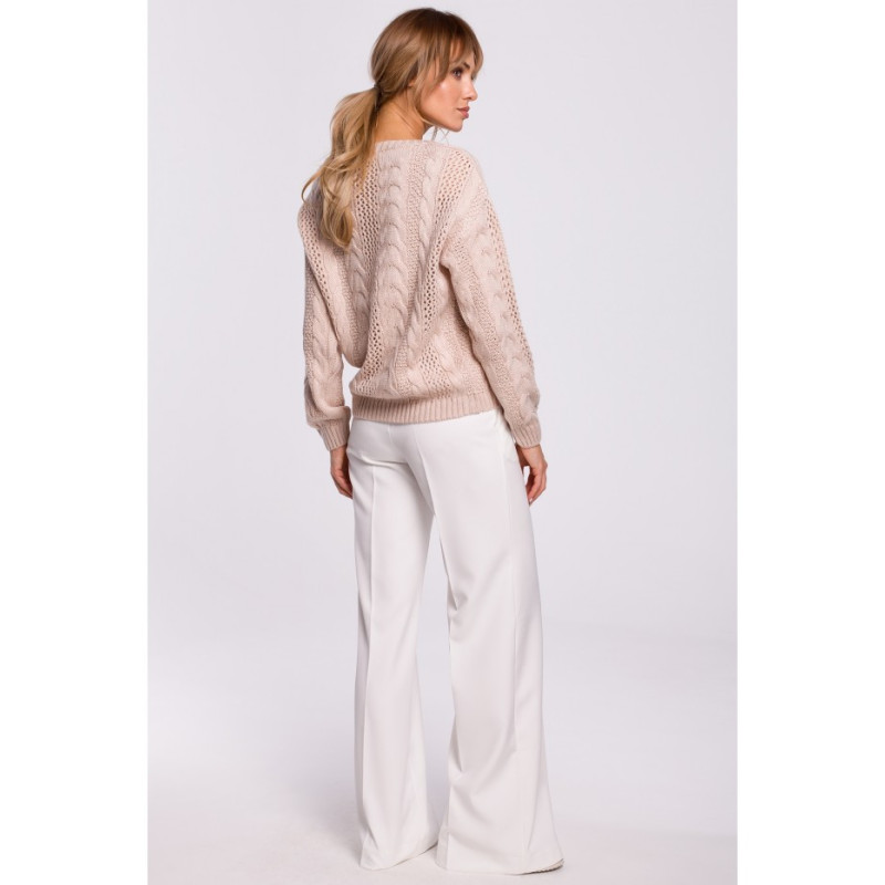 M510 Ażurowy sweter z dekoltem w serek - pudrowy