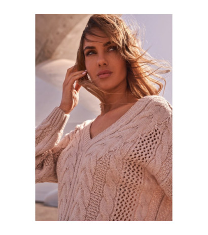 M510 Ażurowy sweter z dekoltem w serek - pudrowy