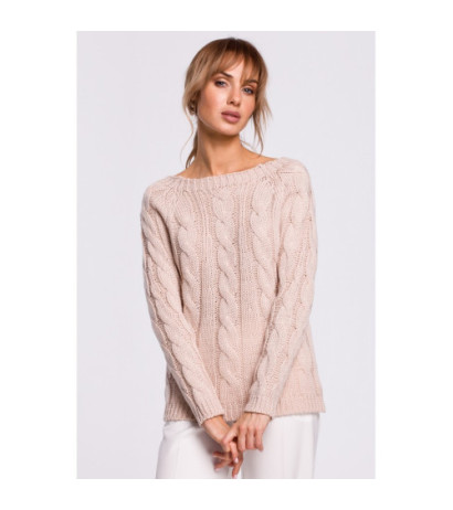 M511 Sweter z splotem typu warkocz i dekoltem w łódkę - pudrowy