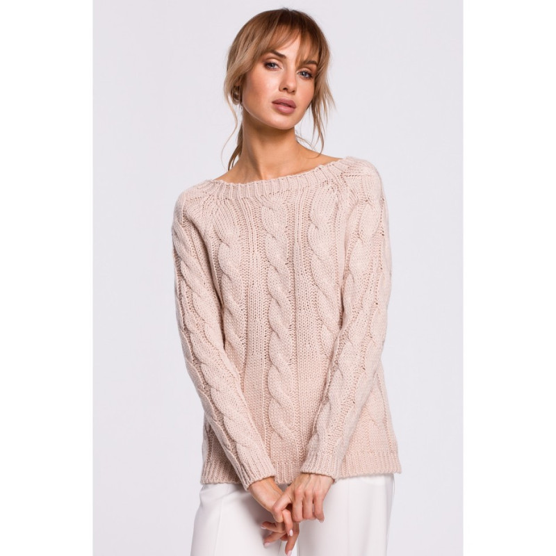 M511 Sweter z splotem typu warkocz i dekoltem w łódkę - pudrowy