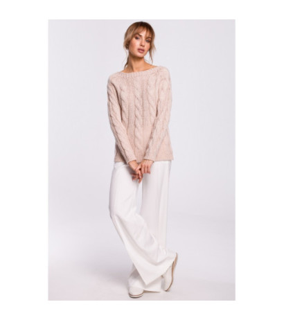 M511 Sweter z splotem typu warkocz i dekoltem w łódkę - pudrowy