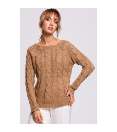 M511 Sweter z splotem typu warkocz i dekoltem w łódkę - beżowy