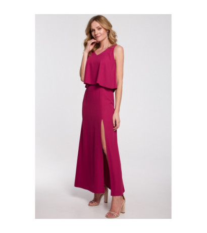 K048 Sukienka maxi z falbaną u góry - śliwkowa