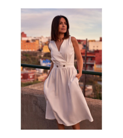 S224 Sukienka bez rękawów z rozkloszowanym dołem - ecru