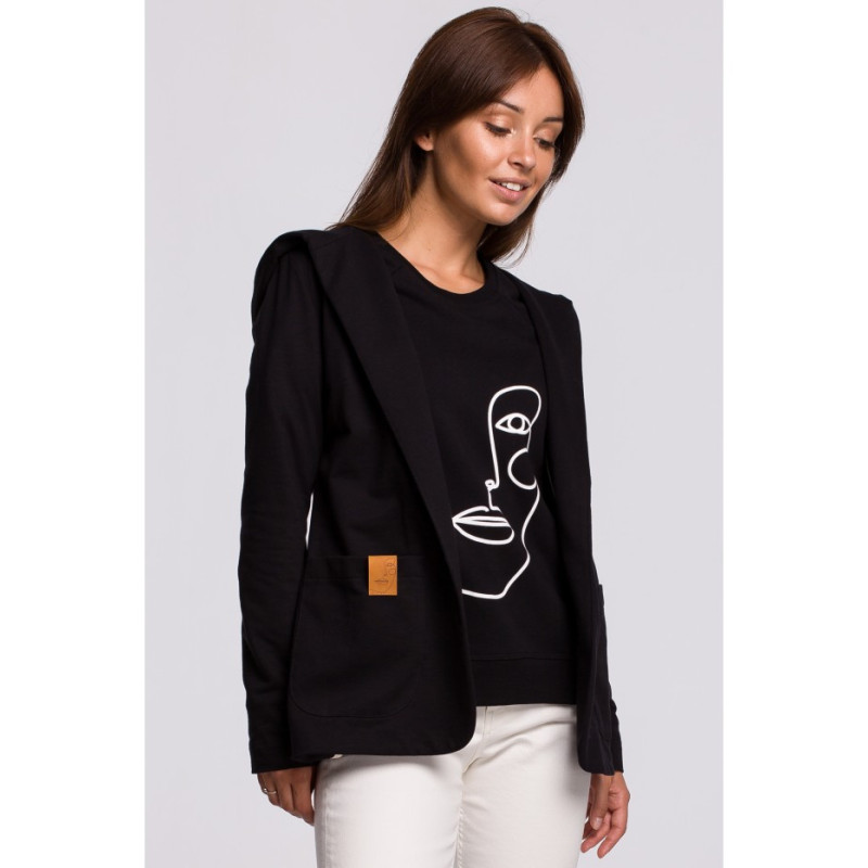 B180 Prosty niezapinany żakiet z kapturem - czarny