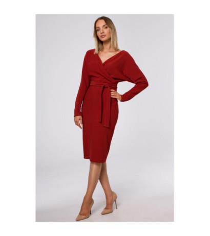 M523 Sukienka z kopertową górą i paskiem - ceglasta