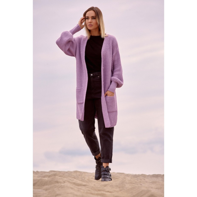 M538 Kardigan prążek z naszytymi kieszeniami - lawendowy