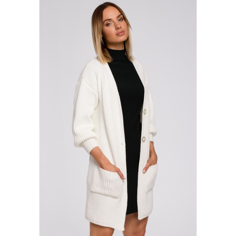 M538 Kardigan prążek z naszytymi kieszeniami - ecru