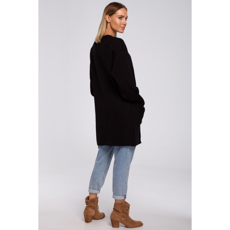 M538 Kardigan prążek z naszytymi kieszeniami - czarny