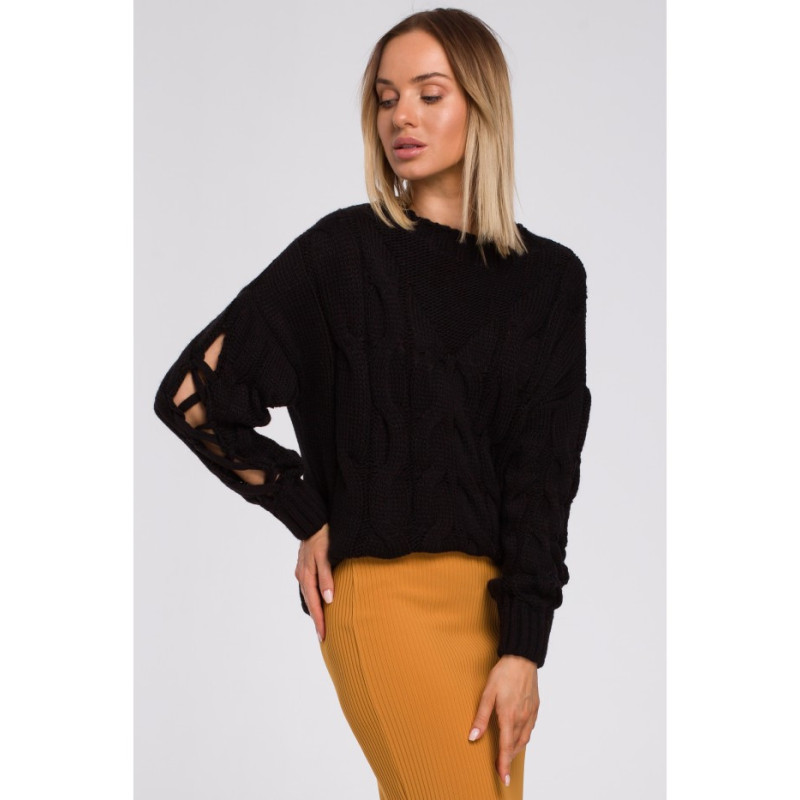 M539 Sweter z dziurami na rękawach - czarny