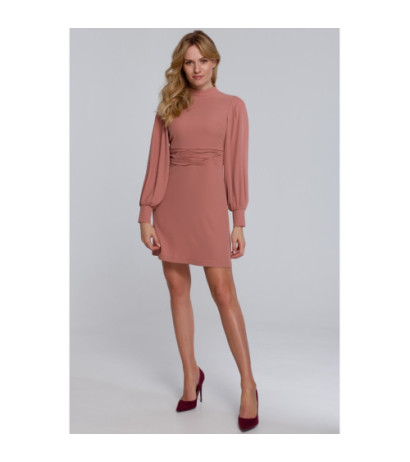 K078 Sukienka z marszczonym paskiem - różana