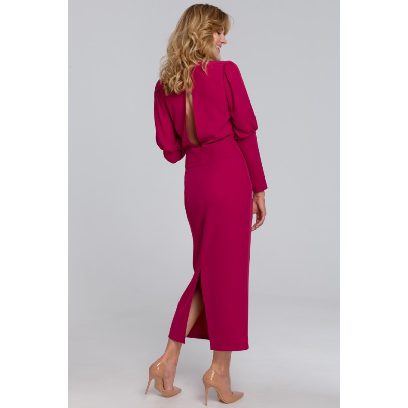 K079 Sukienka midi z wysokimi mankietami - śliwkowa