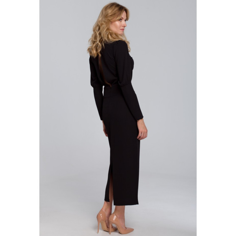 K079 Sukienka midi z wysokimi mankietami - czarna
