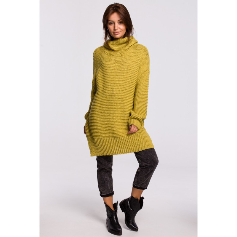 BK047 Sweter oversize z golfem - limonkowy
