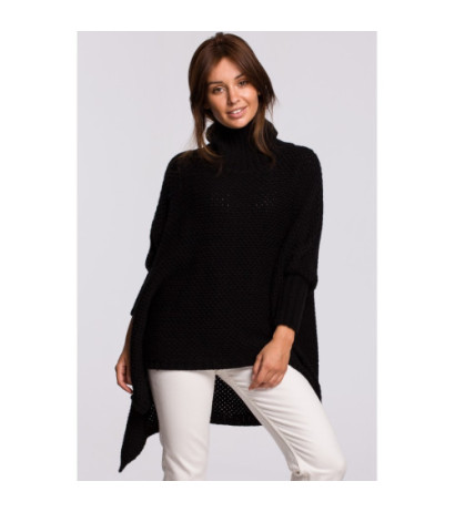 BK049 Sweter ponczo z rękawami i golfem - czarny