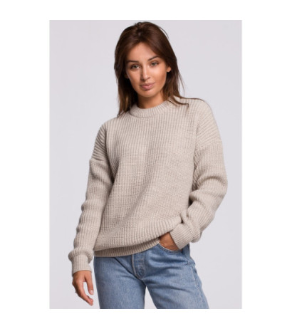 BK052 Długi sweter w prążek - beżowy