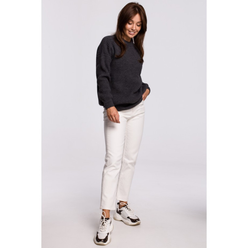 BK052 Długi sweter w prążek - grafitowy