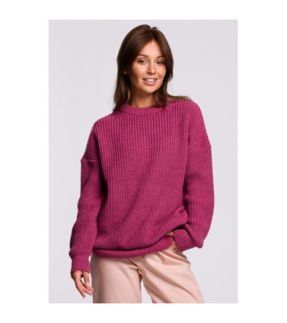 BK052 Długi sweter w prążek - wrzosowy