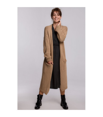 BK053 Długi kardigan z kieszeniami - kamelowy