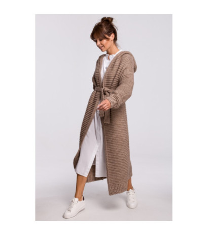 BK054 Długi kardigan z kapturem i paskiem - cappuccino