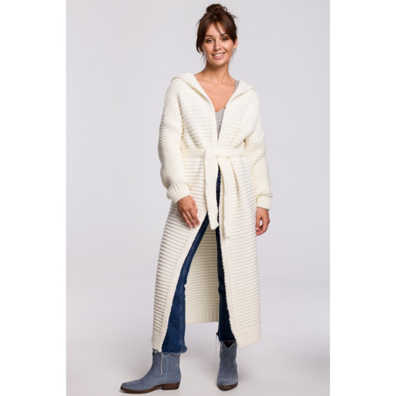 BK054 Długi kardigan z kapturem i paskiem - ecru