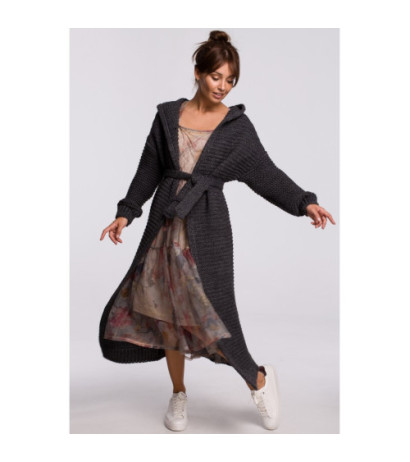 BK054 Długi kardigan z kapturem i paskiem - grafitowy