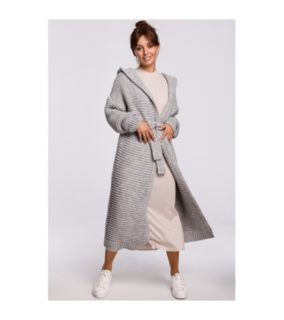 BK054 Długi kardigan z kapturem i paskiem - szary