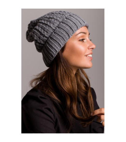 BK057 Czapka splot warkocz z wywinięciem - szara