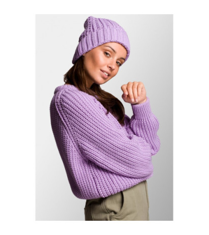 BK057 Czapka splot warkocz z wywinięciem - lawendowa