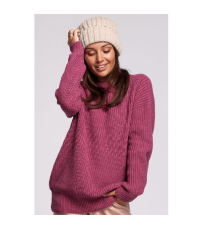 BK058 Czapka splot łańcuszek z wywinięciem - beżowa