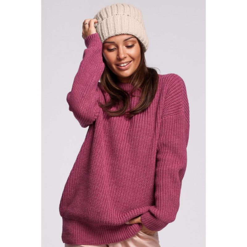 BK058 Czapka splot łańcuszek z wywinięciem - beżowa