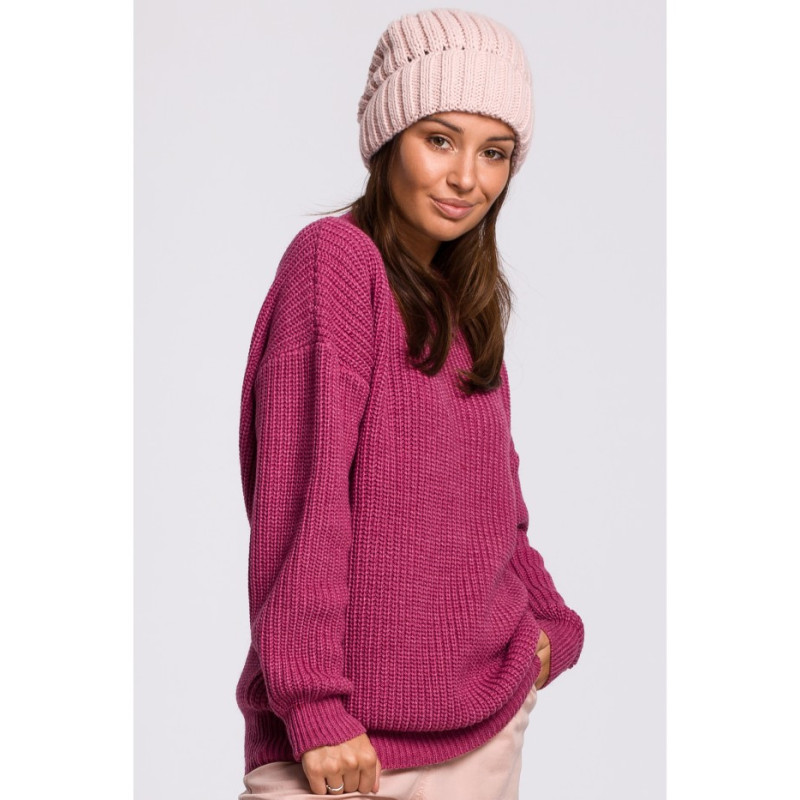 BK058 Czapka splot łańcuszek z wywinięciem - różowa