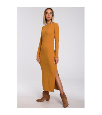 M544 Sukienka maxi z rozcięciem na nogę - musztardowa