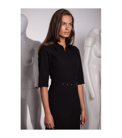 S231 Sukienka z kołnierzykiem i zamkiem z przodu - czarna