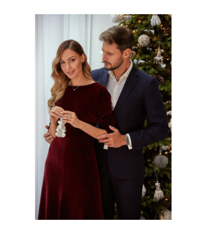 M557 Welurowa Sukienka Midi Z Marszczonym Rękawami 3/4 - bordowa