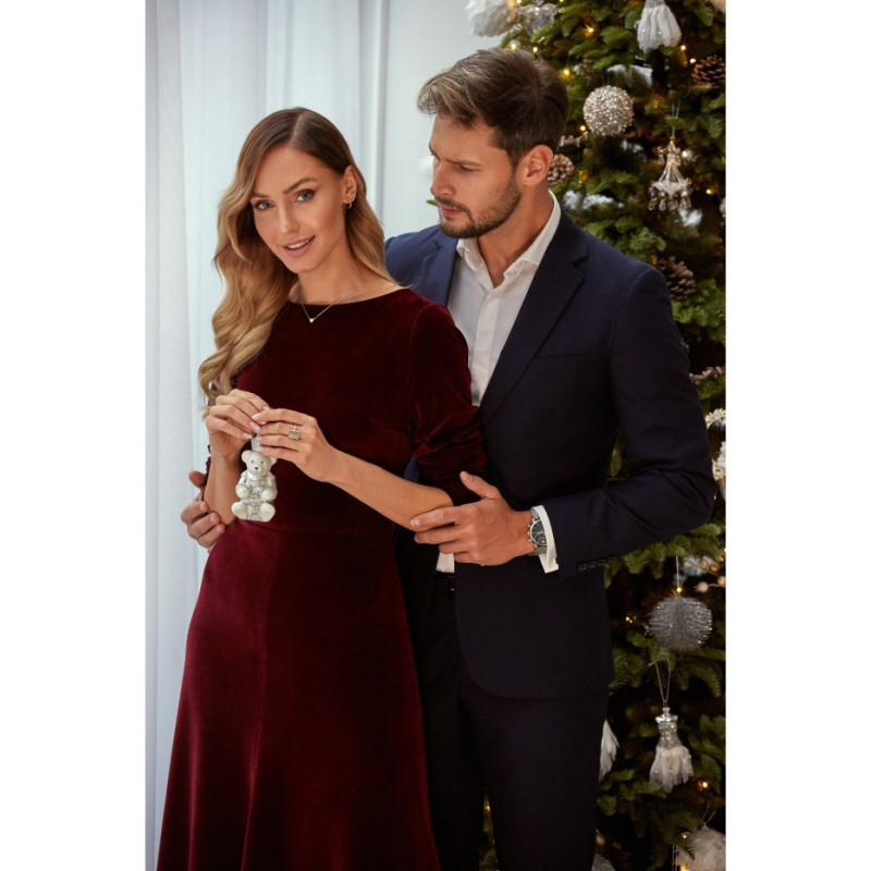 M557 Welurowa Sukienka Midi Z Marszczonym Rękawami 3/4 - bordowa