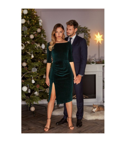 M559 Welurowa Sukienka Z Dekoltem I Rozcięciem Na Nogę - zielona