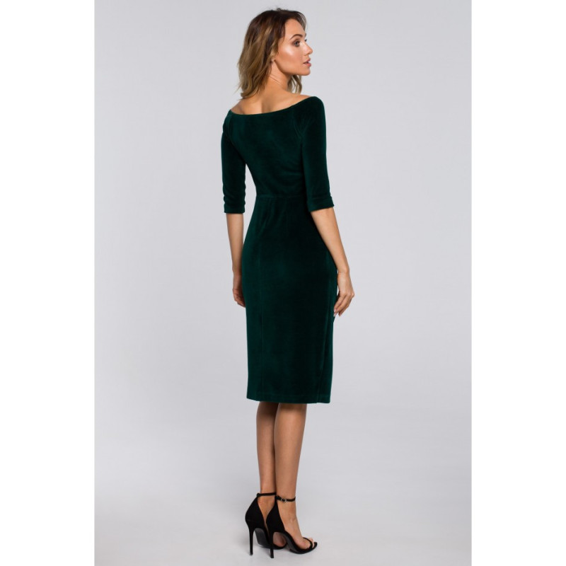 M559 Welurowa Sukienka Z Dekoltem I Rozcięciem Na Nogę - zielona