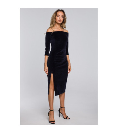 M559 Welurowa Sukienka Z Dekoltem I Rozcięciem Na Nogę - granatowa