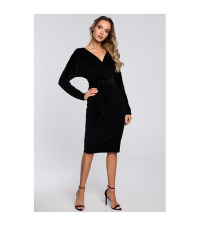 M561 Welurowa Sukienka Z Górą Kopertową I Paskiem - czarna