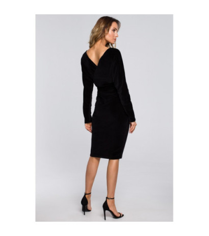 M561 Welurowa Sukienka Z Górą Kopertową I Paskiem - czarna