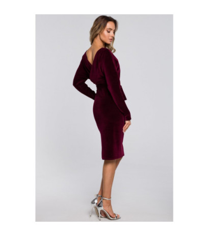 M561 Welurowa Sukienka Z Górą Kopertową I Paskiem - bordowa