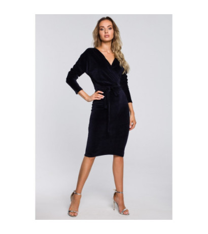 M561 Welurowa Sukienka Z Górą Kopertową I Paskiem - granatowa