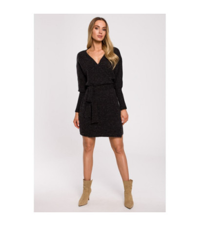 M631 Sukienka swetrowa kopertowa z wiązaniem - antracytowa