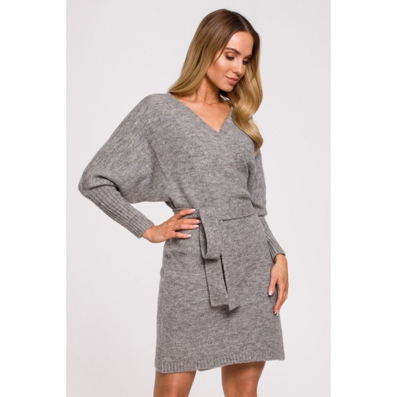 M631 Sukienka swetrowa kopertowa z wiązaniem - szara