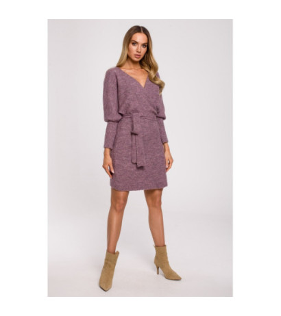M631 Sukienka swetrowa kopertowa z wiązaniem - wrzosowa