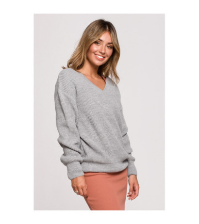 BK075 Sweter z dekoltem w serek - szary